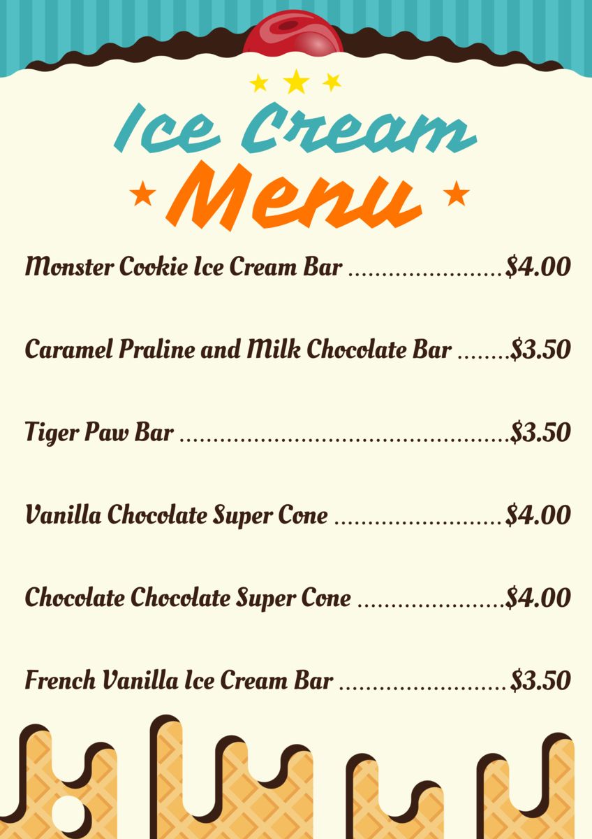 Ice cream menu and prices