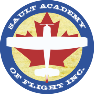 SAULT ACADEMY OF FLIGHT logo includes circle with aircraft and red maple leaf wording says Sault Academy of Flight