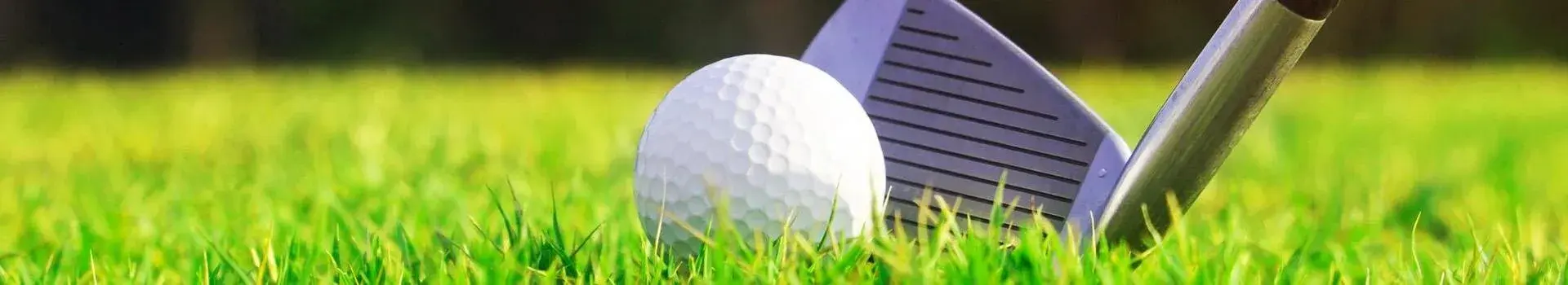 Close up shot of white golf ball and putter behind it on grass