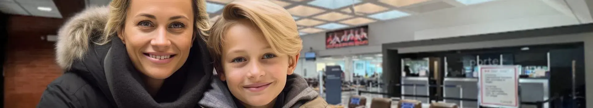 Mother and son smiling in airport terminal